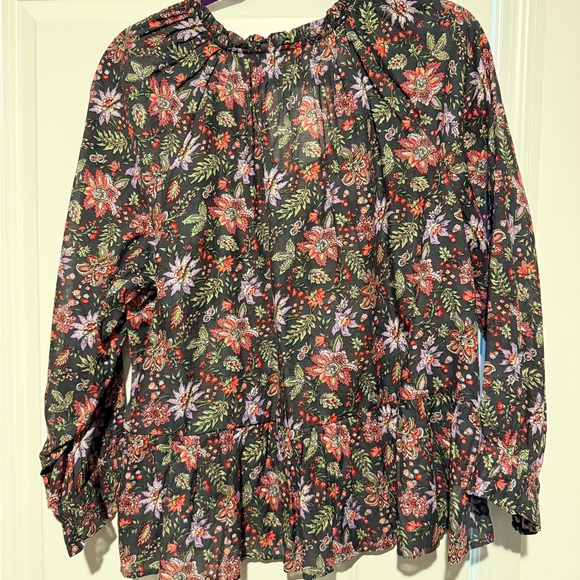 LOFT Black Floral V-Neck Long Sleeve Blouse - Picture 2 of 2